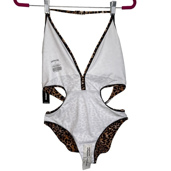Express Leopard Print Deep V Neck High Side Cut Cut-Out Swimsuit Size L NWT - Picture 5 of 13